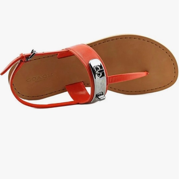 Coach Gracie Swagger Orange-Rust Orange Turn Lock Leather T Strap Sandals. - Picture 7 of 14